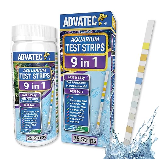 9 in 1 Aquarium Test Strips for Salt & Freshwater, Fish Tank Tester Kit for Iron, Copper, Carbonate, pH, Nitrate, Nitrite, Chlorine, Total Hardness & Alkalinity - 25 Count-PurrikoPets