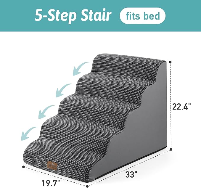 Extra Wide Dog Stairs 19.7" Width, Large Pet Step for Small Medium Dog, Puppy or Cat, Ramp for High Bed or Car, High Density Foam Ladder, Stable, 5 Step, 19.7x33x22.4 in, Dark Grey-PurrikoPets