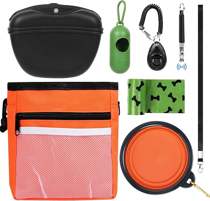 Dog Treat Pouch Pet Training Kit - Silicone Treat Bag Magnetic Closure, Puppy Training Clicker, Dog Whistle, Dog Water Bowls, Poop Bags & Holder, 4 Ways to Wear Walking Fanny Pack - Orange-PurrikoPets