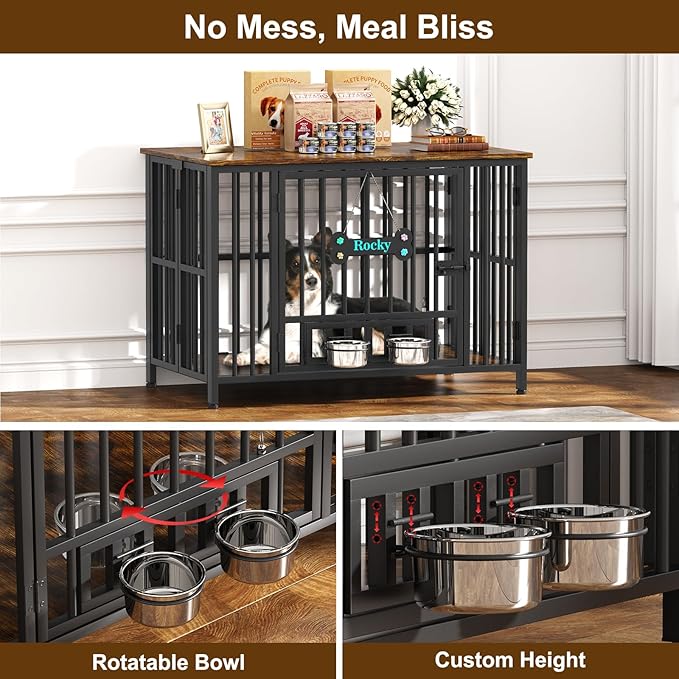 Easycom 41" Dog Crate Furniture Foldable, No Assembly Decorative Dog Kennel Indoor, Dog Crates for Large Dogs (40–65 lbs), Wooden Dog Cage with Adjustable Bowls and Name Tag, End Table, Rustic Brown-PurrikoPets