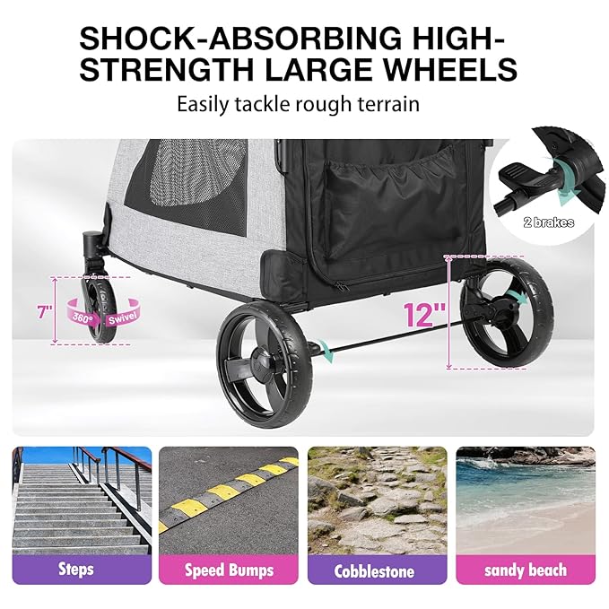 EchoSmile XL Extra Large Dog Stroller - Adjustable Handles,Lightweight Folding Pet Stroller,All-Terrain 4 Wheel for 2 Medium Dogs,Dual Entry Safety Dog Stroller,Capacity 160 lbs,Gray-PurrikoPets