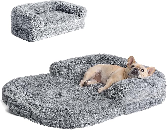 EHEYCIGA Foldable Dog Bed, Faux Fur Fluffy Dog Couch Bed, Orthopedic Calming Memory Foam Pet Bed for Small Dogs, Washable Soft Warm Pet Sofa Bed with Non-Slip Bottom, Grey, 40"x30"x6"-PurrikoPets
