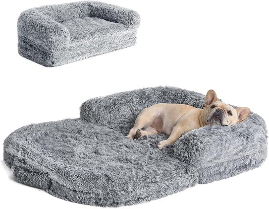 EHEYCIGA Foldable Dog Bed, Faux Fur Fluffy Dog Couch Bed, Orthopedic Calming Memory Foam Pet Bed for Small Dogs, Washable Soft Warm Pet Sofa Bed with Non-Slip Bottom, Grey, 40"x30"x6"-PurrikoPets