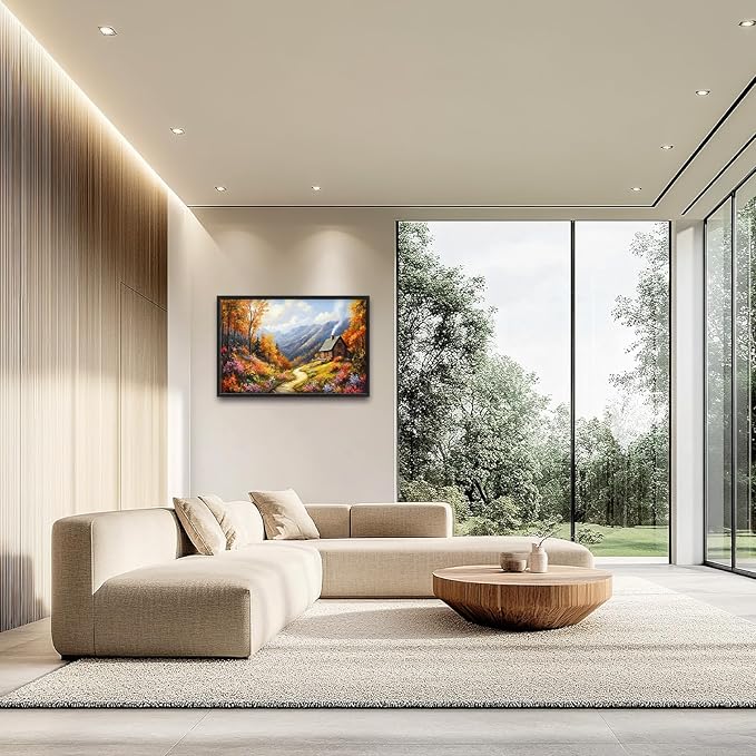 Framed Large Autumn Mountain Wall Art for Living Room, Oversized Wildflower Tree Wall Decor Nature Landscape Canvas Painting Modern Artwork Home Decoration for Living Room Bedroom 36"x24"-PurrikoPets