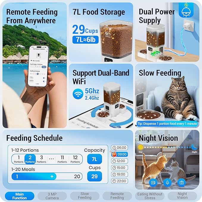 5G WiFi Automatic Cat Feeder with Two HD Camera: 7L Automatic Dog Feeder with Night Vision, Auto Cat Food Dispenser for Multiple Pet, Detachable for Easy Cleaning - 29 Cup-PurrikoPets