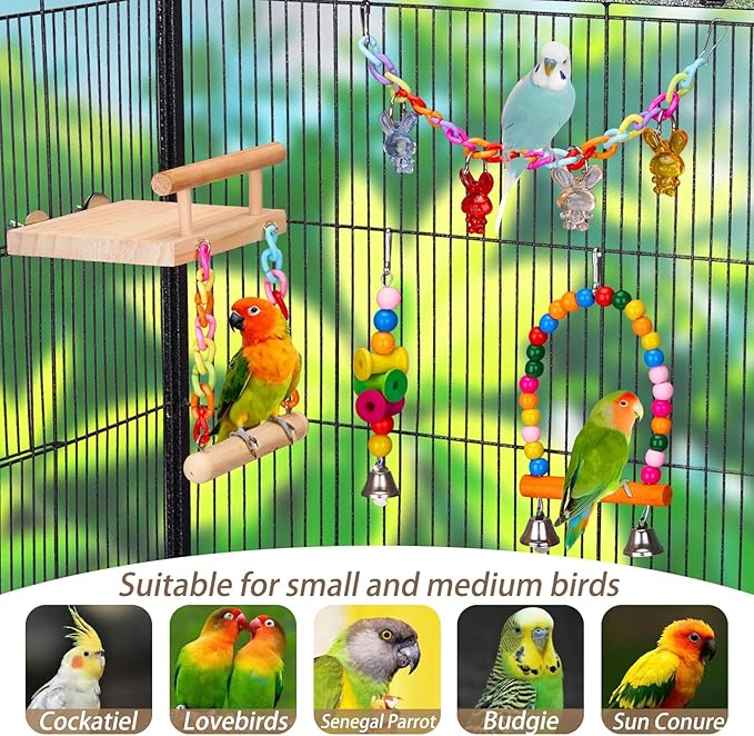 11Pcs Bird Parakeet Toys Wooden Bird Platform Stands Swing Hanging Chewing Toy Parrot Climbing Ladder Colorful Bird Cage Toys for Parakeet, Conure, Cockatiel, Love Birds, Finches-PurrikoPets