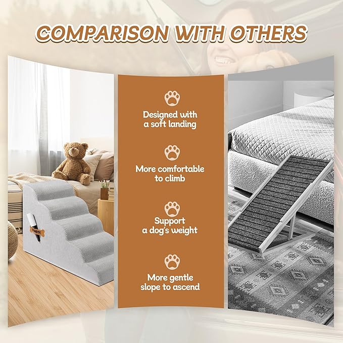 Dog Stairs, Romrol Dog Steps Ramp for High Bed and Couch, Dogs Ramp with Durable Non-Slip Waterproof Fabric Cover, Pet Stairs for Small Dogs and Cats or Pets Joints, 4-TiersLight Grey-PurrikoPets