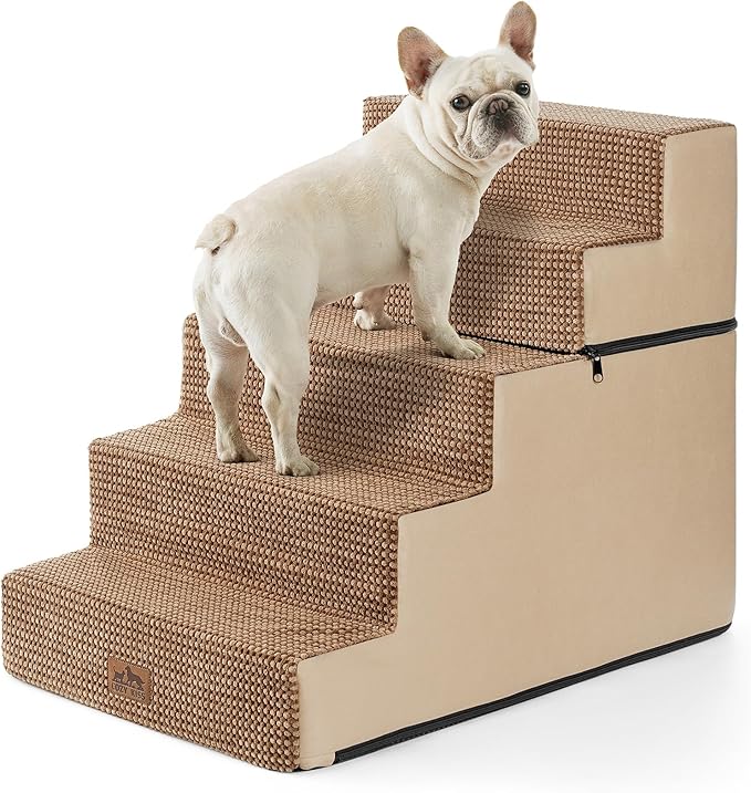 Dog Stairs for Small Dogs, 5 Tier Removable Wider Pet Stairs for Couch and Bed, 23.6" H Non-Slip Dog Steps for Puppies and Old Cats with Support Board, 29.5x19.7x23.6 inch, Light Brown-PurrikoPets
