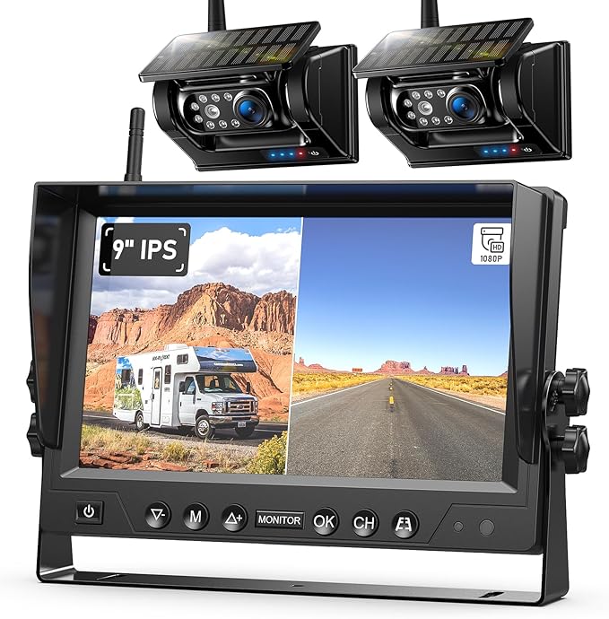 2 Magnetic Solar Wireless Backup Camera HD 1080P 9" DVR Monitor, Solar Rechargeable RV Backup Cameras Wireless System for Hitching Gooseneck Horse Trailer Fifth Wheels RVs Trucks BL902-PurrikoPets