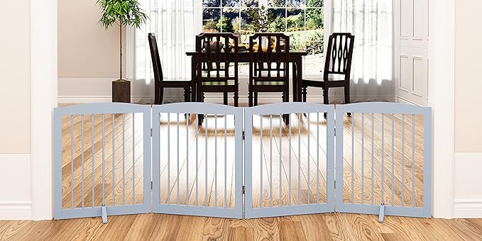 Freestanding Pet Gate - Foldable Wooden Dog Gate for House, Indoor, 80 Inch Wide, 4 Panels 24", Grey-PurrikoPets