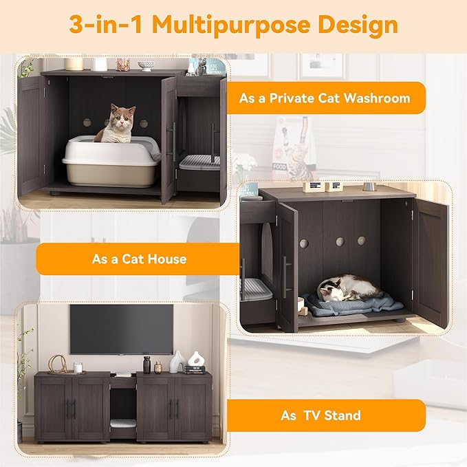 Gaomon Litter Box Enclosure with Double Room,Cat Hidden Litter Box Enclosure Furniture for 2 Cats with Double Room, 55”L x 17.7”W x 22.5”H Cat House,Wooden Enclosed Cat Litter Box Furniture,Walnut-PurrikoPets