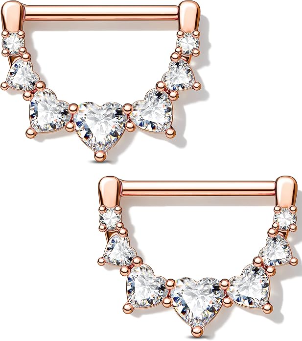 Melighting 2pcs 14G Nipple Rings Surgial Steel 316L Piercing Jewelry Shiny Heart Clear CZ Nipple Bars Rose Gold 14mm
