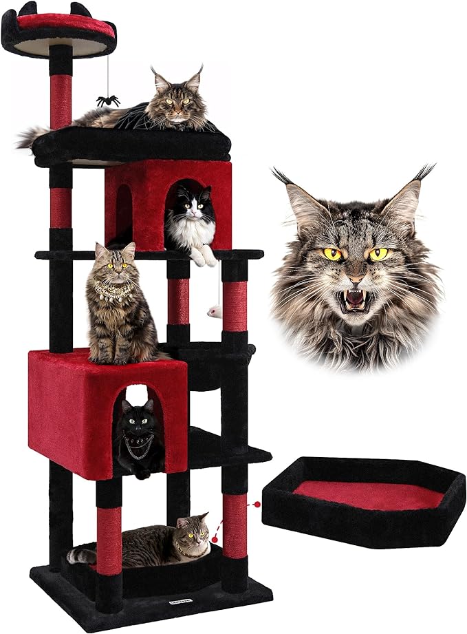 Globlazer Heavy Duty Gothic Cat Tree, 72in Large Cat Tower with Coffin Bed, Sturdy Maine Coon Cat Tree for Large Cats 20 lbs+, Medieval Castle Style with 6 Scratching Posts & Hammock, S72, Black & Red-PurrikoPets