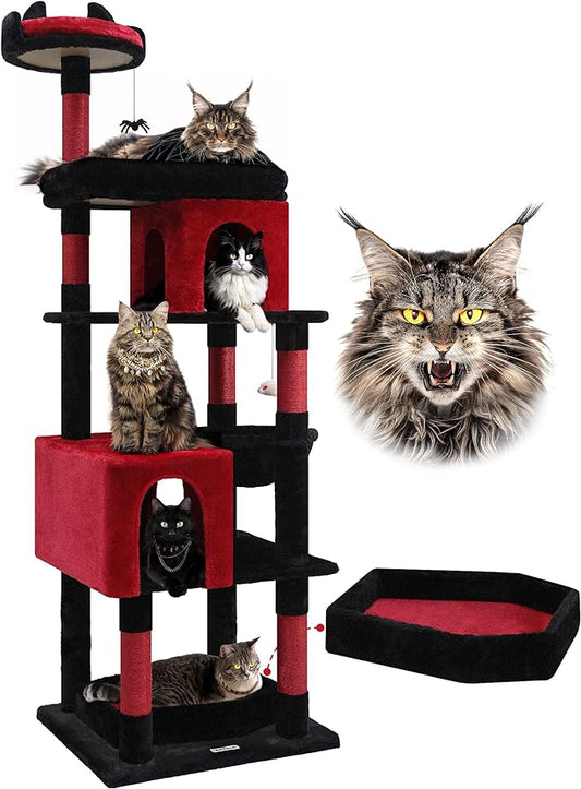 Globlazer Heavy Duty Gothic Cat Tree, 72in Large Cat Tower with Coffin Bed, Sturdy Maine Coon Cat Tree for Large Cats 20 lbs+, Medieval Castle Style with 6 Scratching Posts & Hammock, S72, Black & Red-PurrikoPets