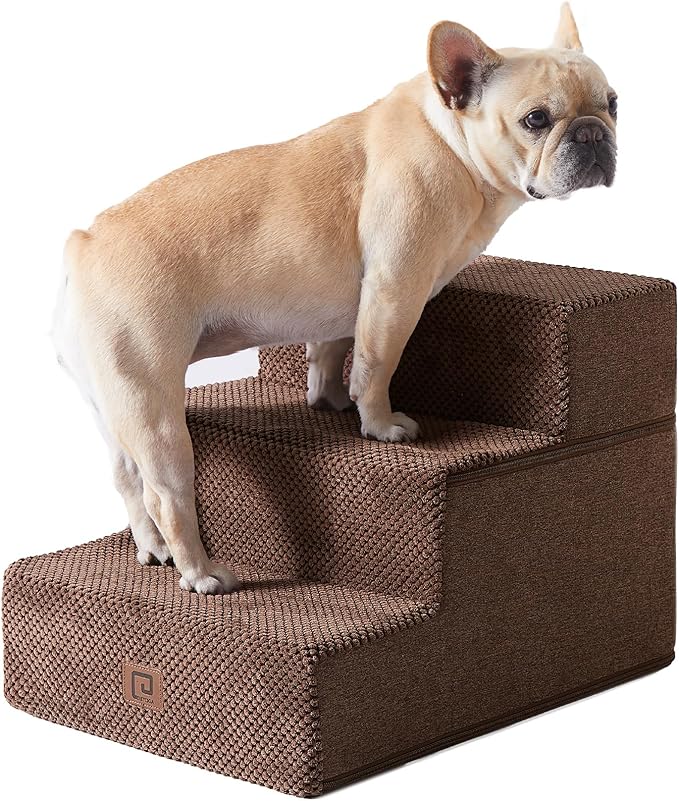 EHEYCIGA Dog Stairs for Small Dogs 13.5" H, 3-Step Dog Steps for Couch Sofa and Chair, Pet Steps for Medium Cats, Non-Slip Balanced Pet Ramp Indoor, Brown-PurrikoPets