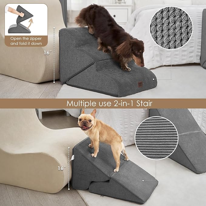 EHEYCIGA Curved Foldable Dog Stairs Ramp for Small Dogs 16" H, 3-Step Dog Steps for Couch Sofa and Chair, Pet Stairs for Cats, Non-Slip Balanced Pet Steps Indoor, Grey-PurrikoPets