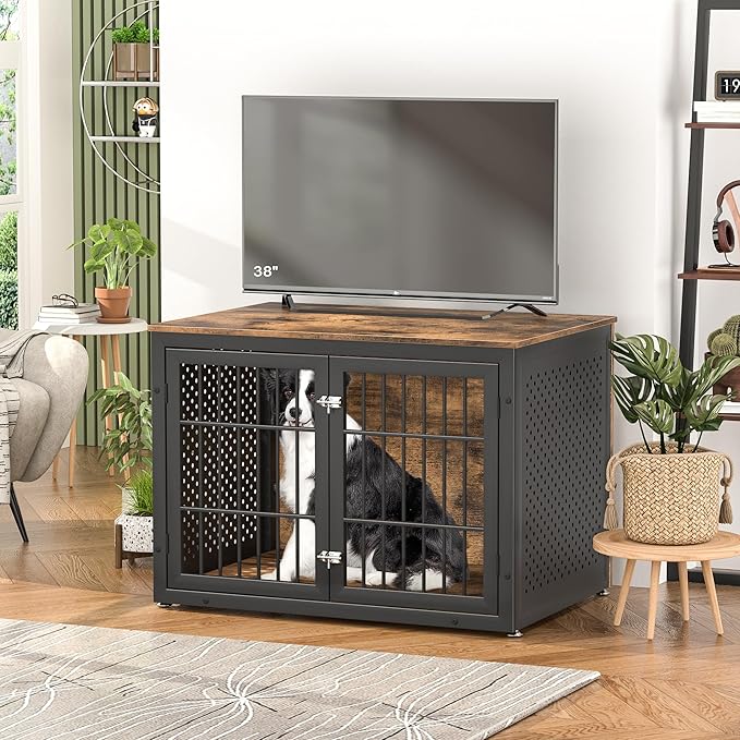 42" Heavy Duty Dog Crate Furniture for Large and Medium Dogs, Enclosed Design Wooden Metal Kennel, Wooden Cage Furniture Indoor, Decorative Dog Kennel End Table-PurrikoPets