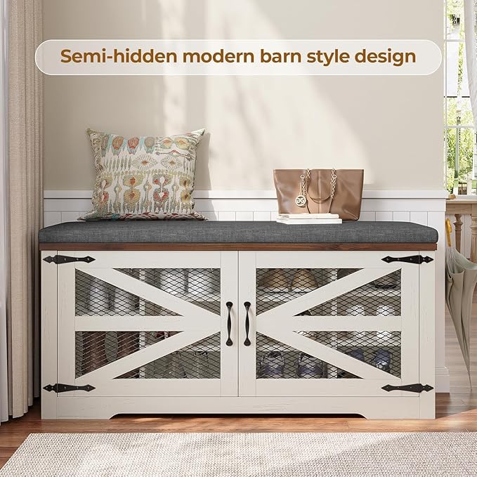 Farmhouse Storage Bench with Cushion, Metal and Wood Shoe Rack Organizer, Adjustable Shelf, Shoe Cabinet with Half Hidden Storage Space, for Entryway, Bedroom, Living Room (Old White, 43.3in)-PurrikoPets