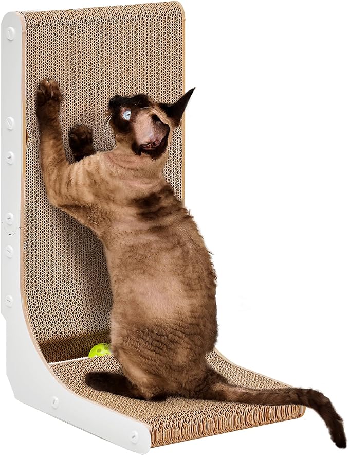 EHEYCIGA Cardboard Cat Scratcher for Indoor Kitten Cats, 19 Inch L Shaped Vertical Cat Scratching Board with Ball Cat Toy, Small Cat Scratcher Pad, White-PurrikoPets