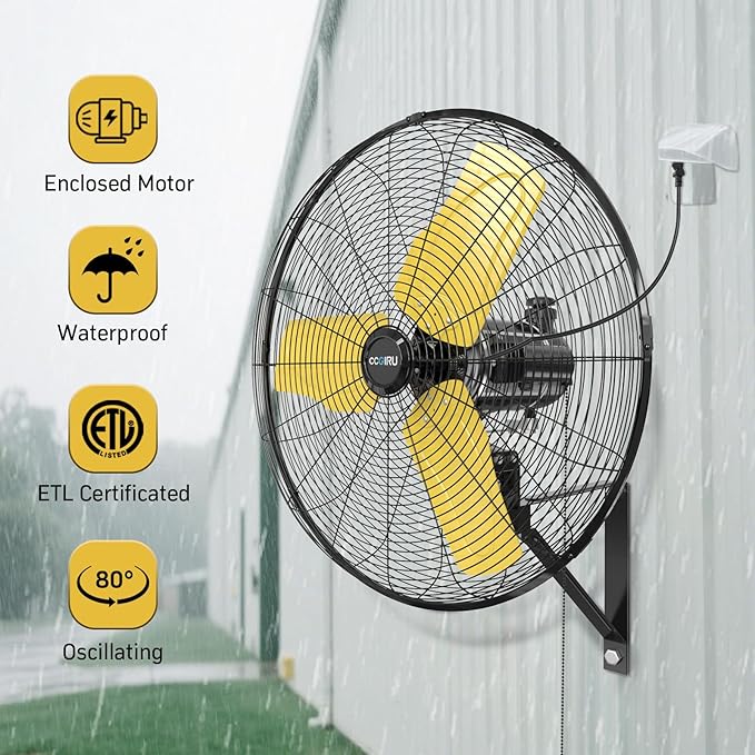 8800 CFM 24" Outdoor Commercial Wall Fan Oscillating, IP44 Waterproof Wall Mount Fan, Heavy Duty, 3 Speed, Adjustable Tilt for Factory, Warehouse, Garage, ETL Listed-PurrikoPets