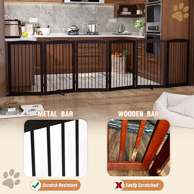 Freestanding Pet Gate for Dogs, Indoor Wooden Foldable Dog Gate for House, Extra Wide, Pet Fence for Stairs, Doorways, Halls, Support Feet Included, 120 Inch Wide, 6 Panels 32",Brown-PurrikoPets