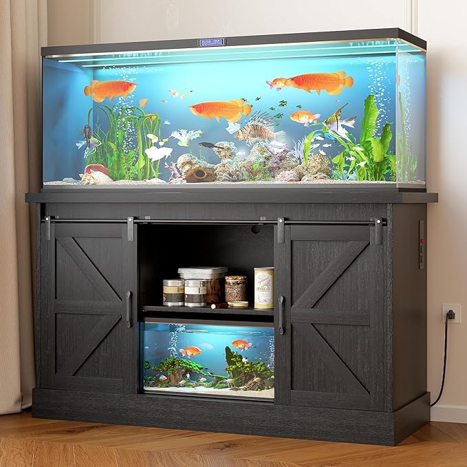 55-75 Gallon Fish Tank Stand with Sliding Barn Doors & Power Outlet, Heavy Duty Aquarium Stand with Cabinet Storage for Fish Tank, Turtle Tank, Reptile Terrarium, 1000LBS Capacity, Black-PurrikoPets