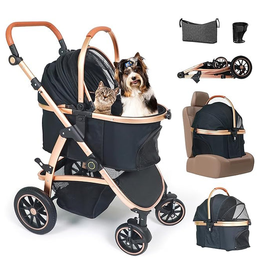 3 in 1 Pet Stroller - Stroller for Small to Medium Dogs and Cats up to 55 lbs, with Detachable Carrier/Car Seat, Foldable and Lightweight, Detachable Cushion + Cup Holder (Black/Gold)-PurrikoPets