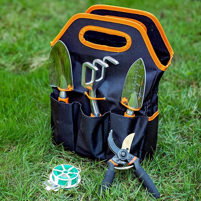 ESOW Garden Tool Set 7 PCS, Includes Cast-Aluminum Heavy Duty Hand Trowel, Transplant Trowel, Hand Rake, SK-5 Steel Gardening Scissor, Plant Tie, Bag & Gloves, Tool Kit Gifts-PurrikoPets