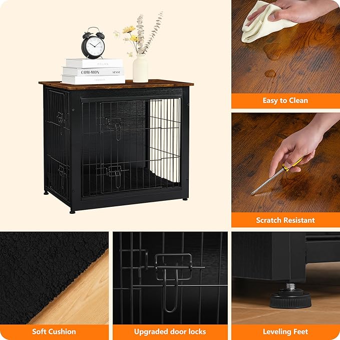 DWANTON Dog Crate Furniture with Cushion, Wooden Kennel Table with Double Doors, Indoor Dog House, Small/Medium/Large Size, 27.2" L, Black+Rustic Brown-PurrikoPets