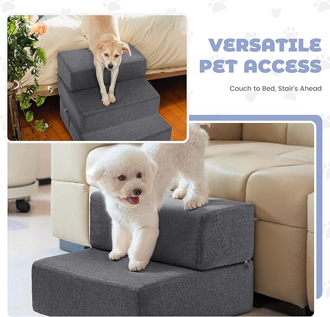 Foldable 18 Inch Wide Dog Stairs for Small Dogs, 12 Inch Height Foam Dog Steps for Bed & Couch, Linen Covered Pet Stairs for Dogs to Get on Bed, Indoor Foam Pet 2 Steps for for Cat and Puppy-PurrikoPets