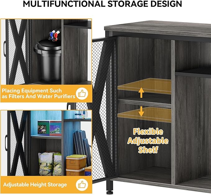 DWVO 20-29 Gallon Aquarium Stand with Power Outlets & LED Light, Cabinet for Fish Tank Accessories Storage - Metal Fish Tank Stand Suitable for Turtle Tank, Reptile Terrarium, 350LBS Capacity, Grey-PurrikoPets