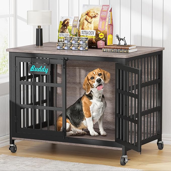 EasyCom 41"/33"/27" Dog Crate Furniture with Name Tag, Heavy Duty Dog Kennel Indoor for Medium Dogs, Double-Doors Sturdy Metal Dog Cage for Anxiety Dog, Decorate House as TV Stand, End Table-PurrikoPets