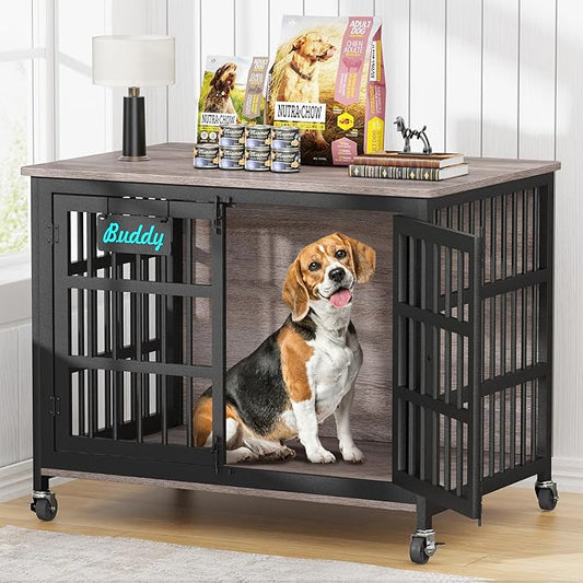 EasyCom 41"/33"/27" Dog Crate Furniture with Name Tag, Heavy Duty Dog Kennel Indoor for Medium Dogs, Double-Doors Sturdy Metal Dog Cage for Anxiety Dog, Decorate House as TV Stand, End Table-PurrikoPets