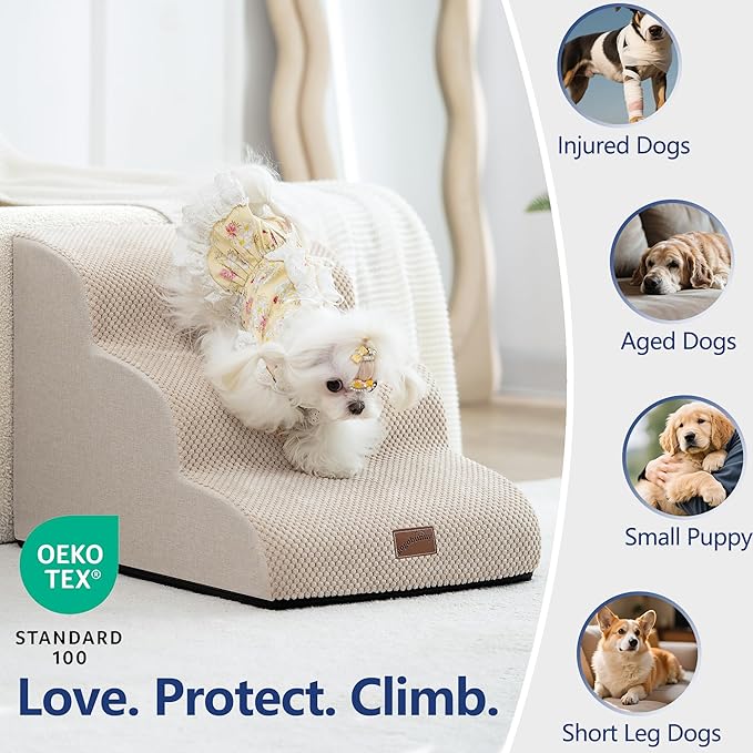 GoGoBunny Waterproof High Density Foam Curved Dog Stairs for High Beds Couches 19.7" H, 4-Step Ramp Dog Steps Friendly to Small Medium Dogs or Pets Joints, Non-Slip Balanced Durable Pet Step, Beige-PurrikoPets