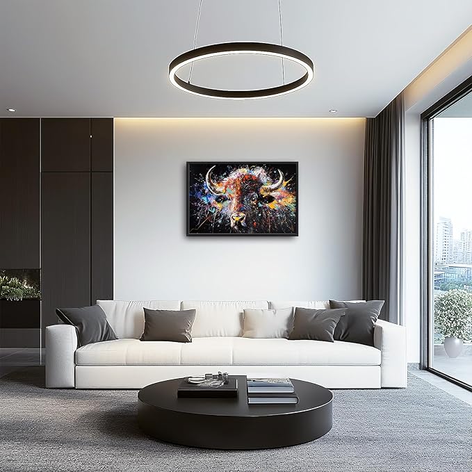 Framed Large Bison Buffalo Wall Art for Living Room, Oversized Graffiti Yak Cow Wall Decor Banksy Bull Canvas Painting Animal Pictures Modern Artwork for Living Room Bedroom Office 36"x24"-PurrikoPets