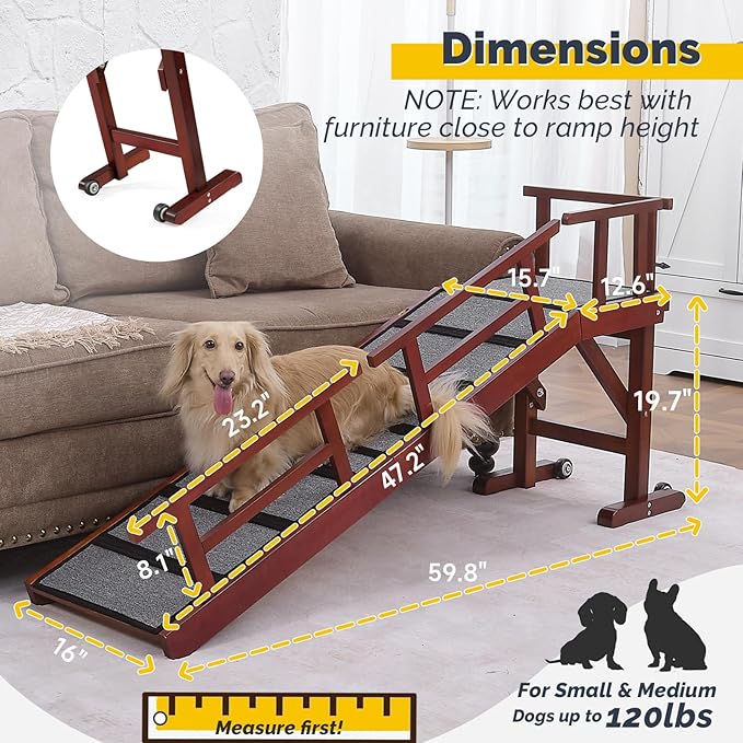 Dog Ramp for Bed or Couch, Wooden Pet Ramp with 20° Gentle Slope, Removable Side Rails, Non-Slip Surface, Top Platform & Wheels, Safe Bed Ramp for Small, Medium & Senior Dogs, 60" Long, Mahogany-PurrikoPets