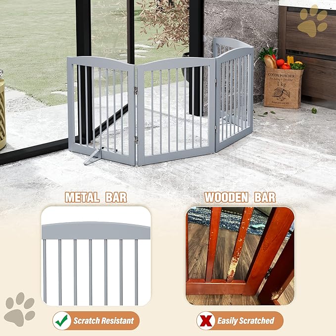 Freestanding Pet Gate - Foldable Wooden Dog Gate for House, Indoor, 80 Inch Wide, 4 Panels 24", Grey-PurrikoPets
