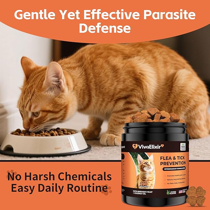 Flea & Tick Treatment for Cats – Natural Flea, Tick & Mosquito Prevention with Brewer’s Yeast, Coconut Oil – Skin & Coat Health, Immune Support – Vet Formulated 200 Chews-PurrikoPets