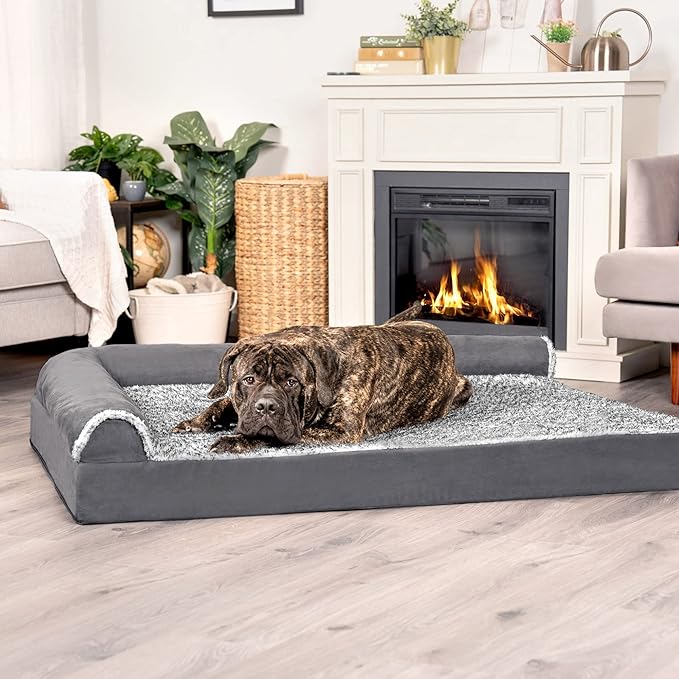 Furhaven Cooling Gel Dog Bed for Large Dogs w/ Removable Bolsters & Washable Cover, For Dogs Up to 125 lbs - Two-Tone Plush Faux Fur & Suede L Shaped Chaise - Stone Gray, Jumbo Plus/XXL-PurrikoPets