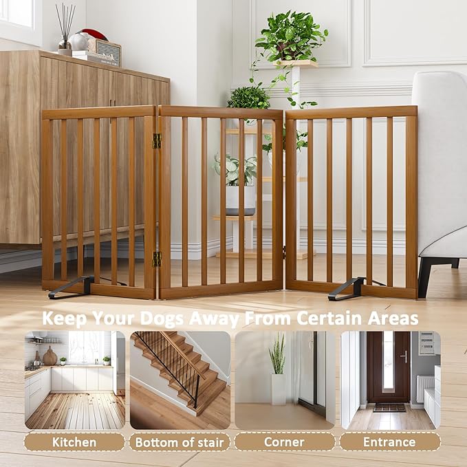 Freestanding Pet Gate Foldable Dog Gate (55 inches Wide) Walnut Bamboo Dog Gates for Stairs Doorways House (2 Support Feet Included)-PurrikoPets