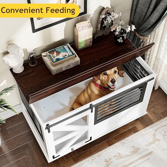 47 inch XL Dog Crate Furniture with Top-Access Teasing/Feeding Doors, Farmhouse Wooden Decorative Dog Crates with Wheels, Chew-Resistant Dog Crates End Table for Medium&Large Dogs, White-PurrikoPets