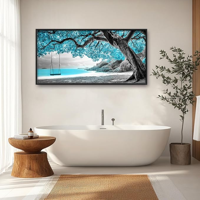 Extra Large Framed Abstract Tree Wall Art,Black and White Tree of Life Wall Decor,Blue Teal Sea Pictures for Living Room,Canvas Print Painting Modern Artwork Bedroom Office Bathroom 60L x 30W-PurrikoPets