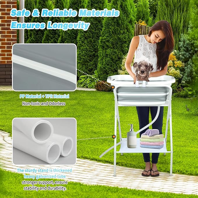 FHTONGE Elevated Dog Bathtub Grooming Station with Drain Adjustable Collar, 2 in 1 Collapsible Dogs Beautify Bathtub Portable Pet Washing Station, Pet Tub for Small Medium Dog Cat Shower Hairdressing-PurrikoPets