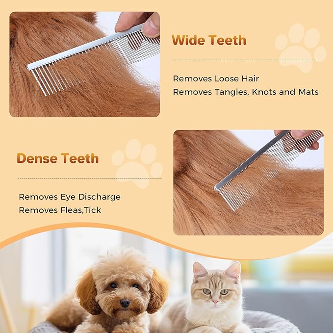 7.5 Inch Professional Stainless Steel Pet Grooming Comb for Dogs & Cats, Wide & Dense Teeth for Removing Tangles, Knots,Undercoat,Flea,Excess Hair, Rounded Corners Design for Safe,Metal Dematting Tool-PurrikoPets