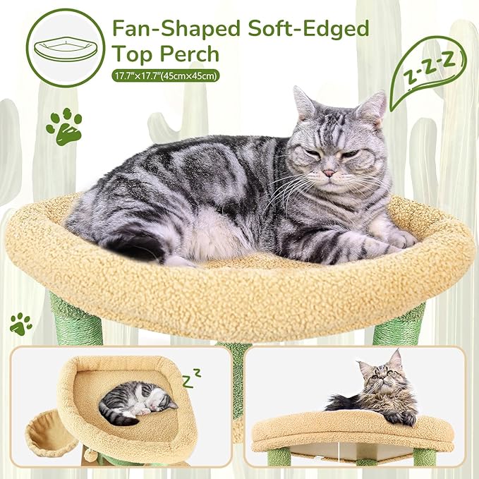 Globlazer Cactus Corner Cat Tree Tower with Scratching Post for Indoor Cats, 51in Multi-Level Cat Condo Tower with Large Hammock, Fan-Shaped Padded Perch, Spacious Cat Cave, Hanging Basket, C51, Green-PurrikoPets
