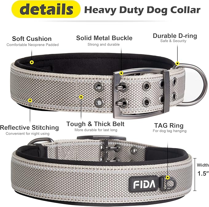 Fida Heavy Duty Dog Collar 1.5” Width, Ultra Soft Neoprene Padded, Adjustable Reflective Nylon Pet Collar with Two Metal Pin Belt Buckle for Large/X-Large Breeds (XL, Grey)-PurrikoPets