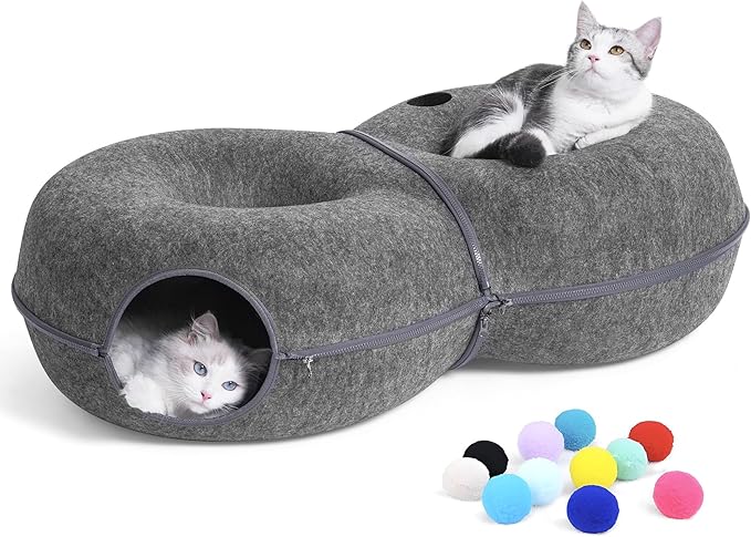 8-Shaped Large Cat Tunnel Bed for Indoor Cats, Infinite Circulation Peekaboo Cat Cave with 12 Toy Balls, Cat Donut Tunnel for Cats up to 30 Pounds (Dark Grey, L 38x24x11in)-PurrikoPets
