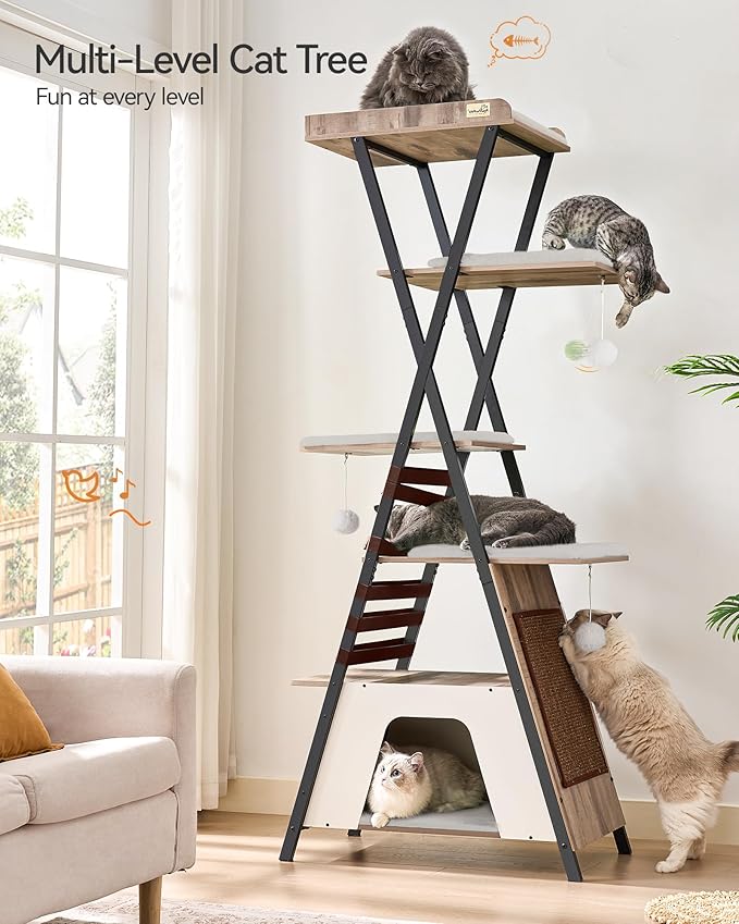FourFurPets 72.4" Cat Tree, Modern Cat Tower for Indoor Cats, Multi-Level Cat Condo with Caves, Tall Cat Tree with Cat Scratching Board, Wooden Cat Tower with Large Perch, Removable Pads, Camel Brown-PurrikoPets