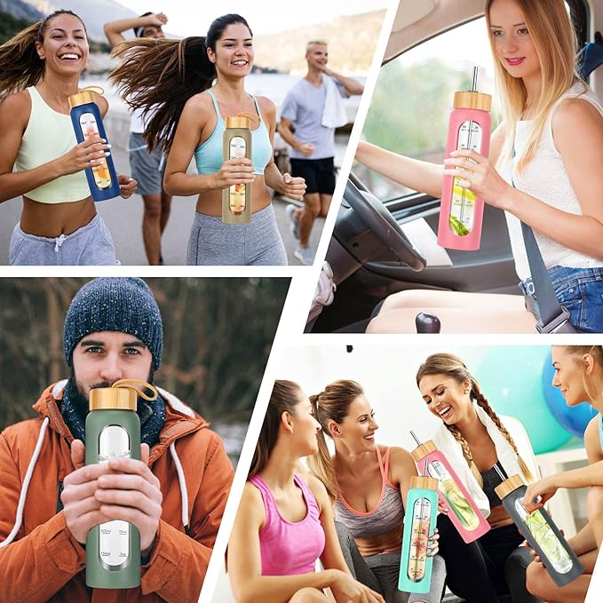 32 oz Glass Water Bottle with Straw - Motivational Time Marker & Silicone Sleeve - Reusable Tumbler Includes 2 Bamboo Lids & Fruit Infuser - 1 Pack-PurrikoPets