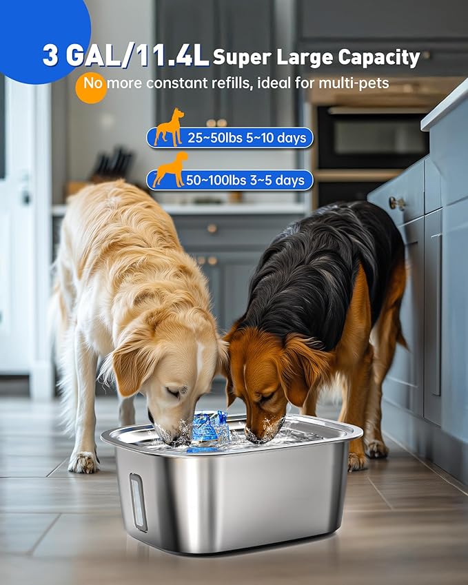 Dog Water Fountain for Large Dogs Stainless Steel, 3Gal Extra Large Dog Water Bowl Dispenser with 2 Filters & Visual Window, Automatic Filtered Pet Fountain Indoor, Quiet Safe Pump with LED Indicator-PurrikoPets